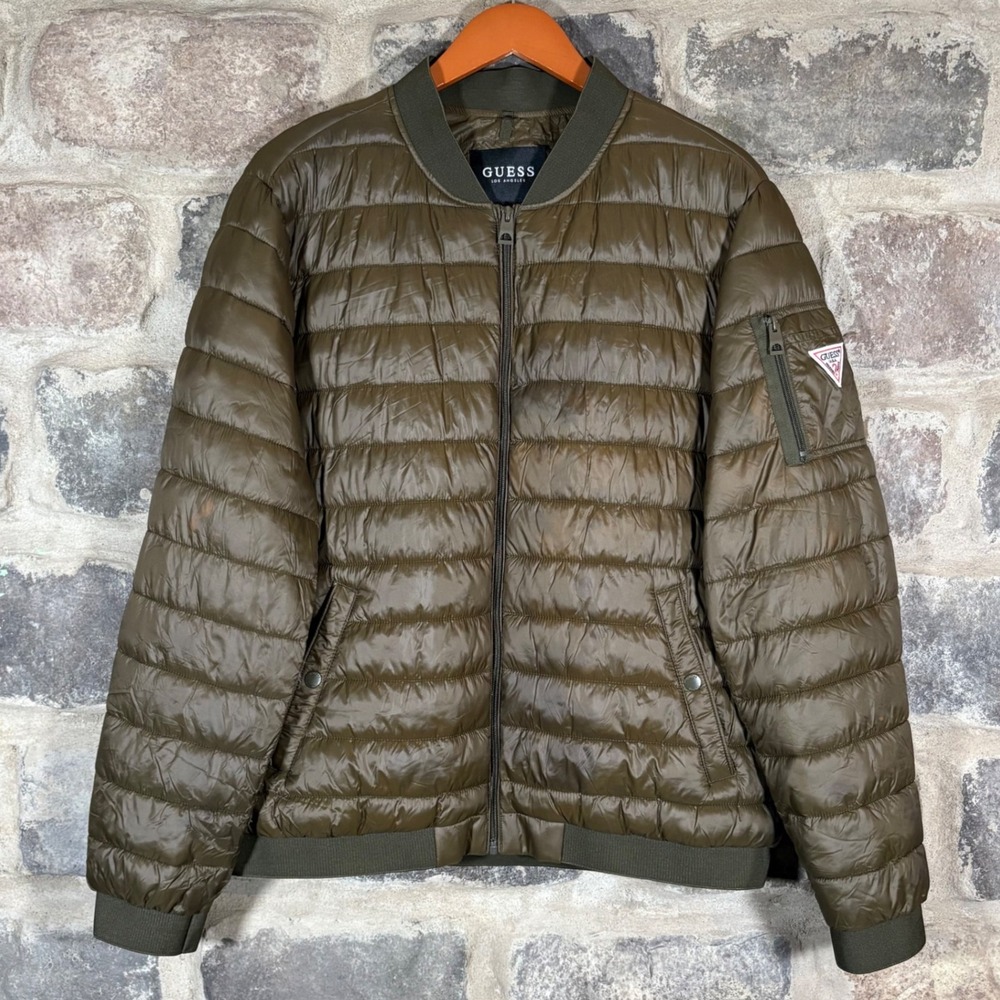 Guess Olive Green Puffer Jacket Men's XL Full Zip Lightweight Coat Gorpcore